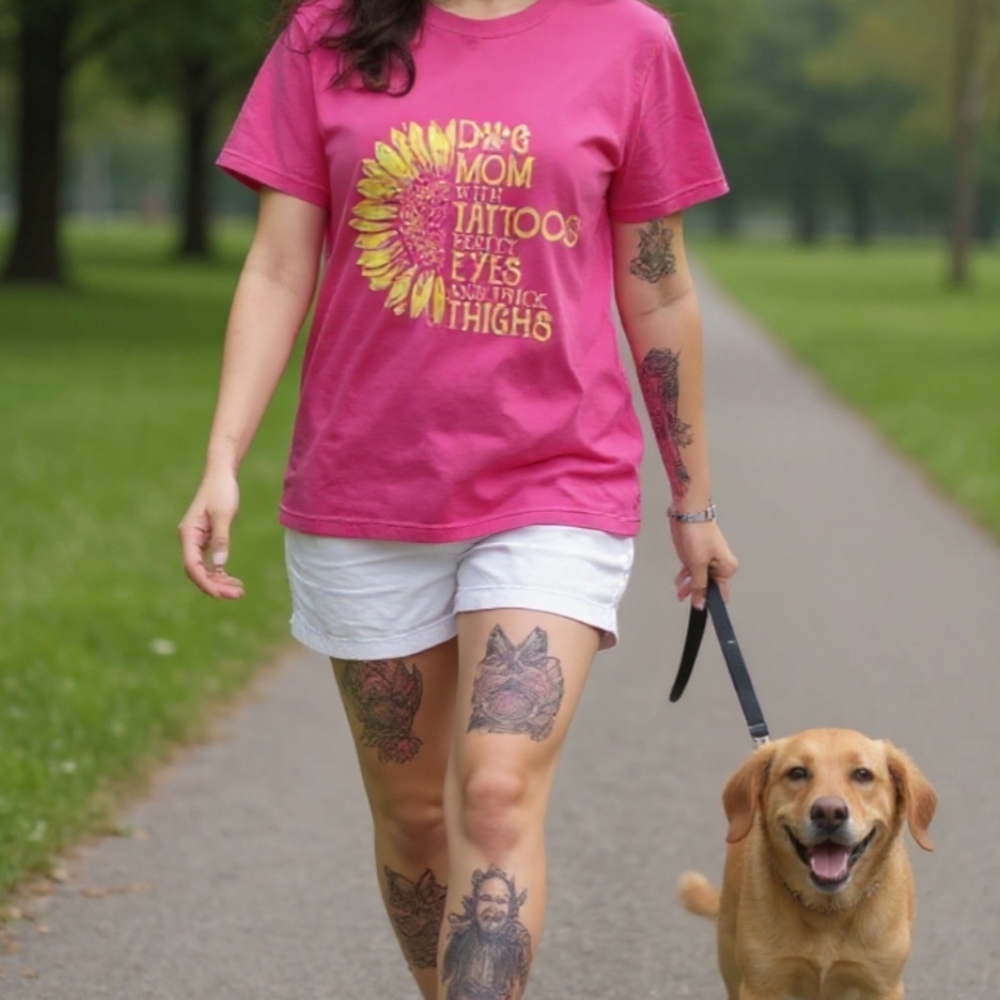 Pink "Dog Mom W/ Tattoos Pretty Eyes + Thick Thighs" T-Shirt with Sunflower (M) - Picture 2 of 5